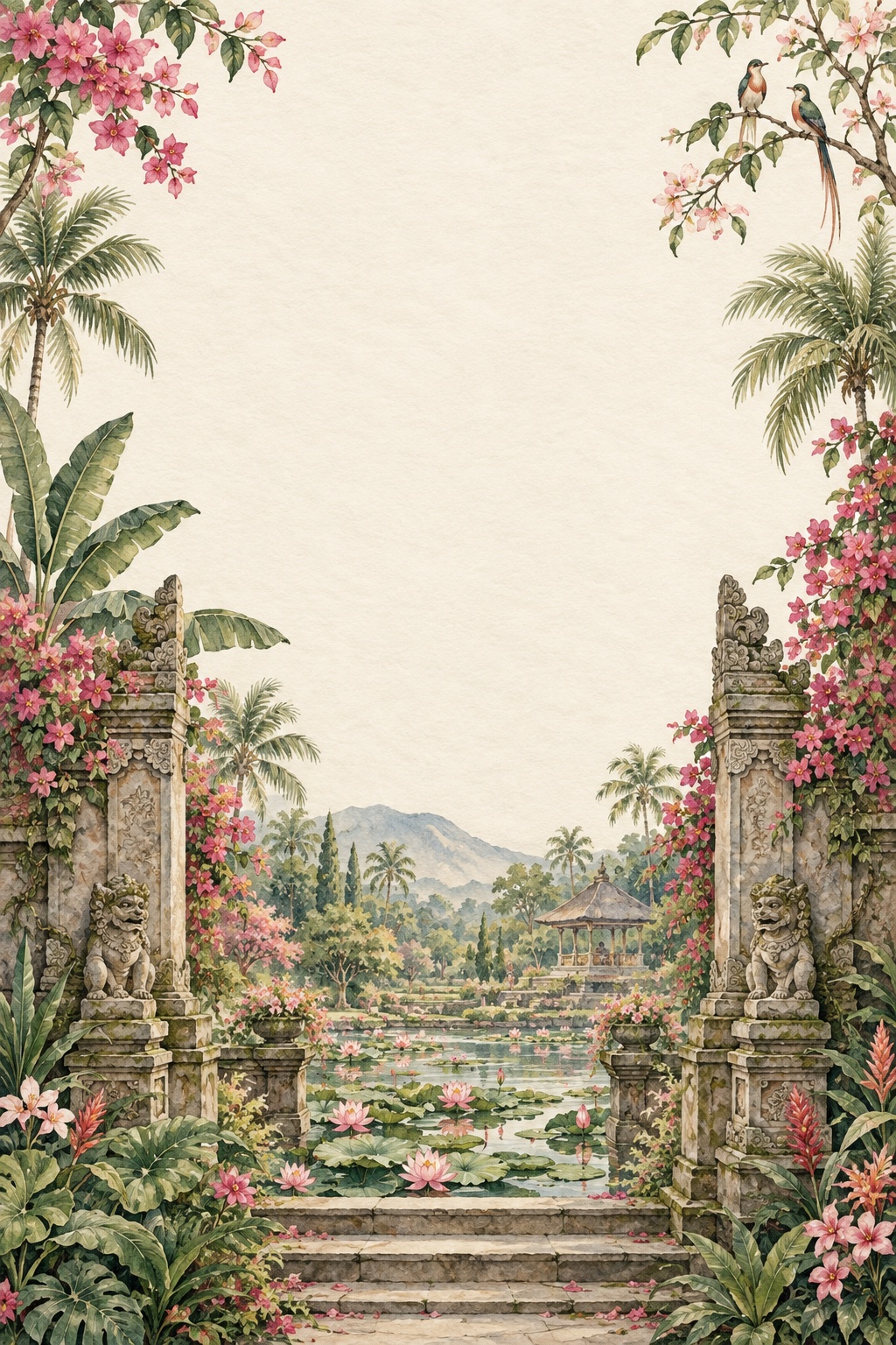 Detail ilustrasi taman tropis, burung, dan gerbang tradisional